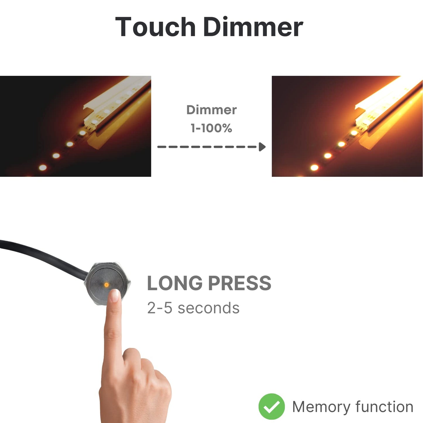 NUOVA GERMANY Interruttore Led Dimmer Touch Da Incasso Colore Acciaio Metallo 5V 12V 24V 3A Con Cavo DC JACK Strip Strisce LED Dimmerabile con indicatore LED Arancione, Massima carica 3A (5 Pezzi)