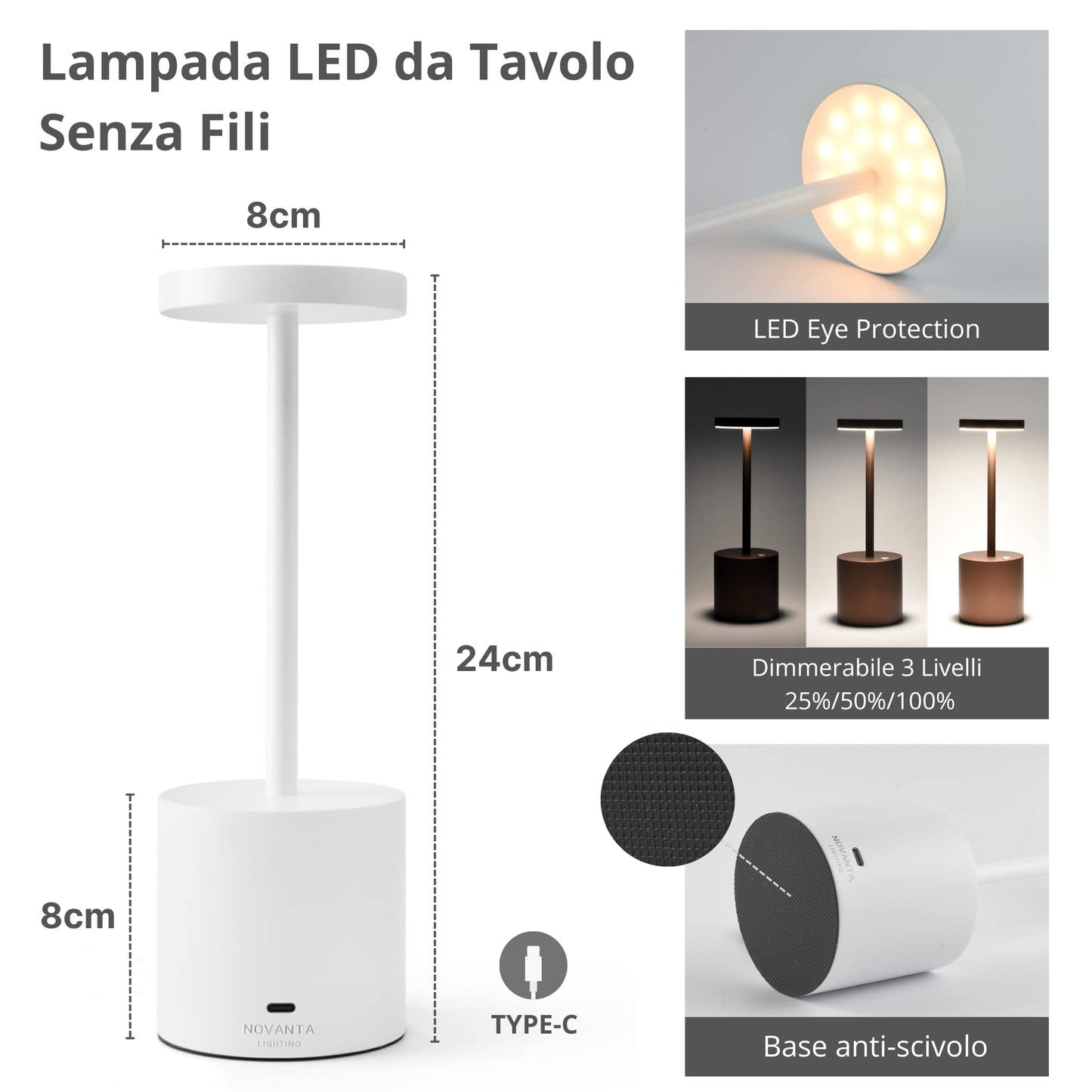 NOVANTA LIGHTING Lampada da Tavolo Ricaricabile Senza Fili in Metallo