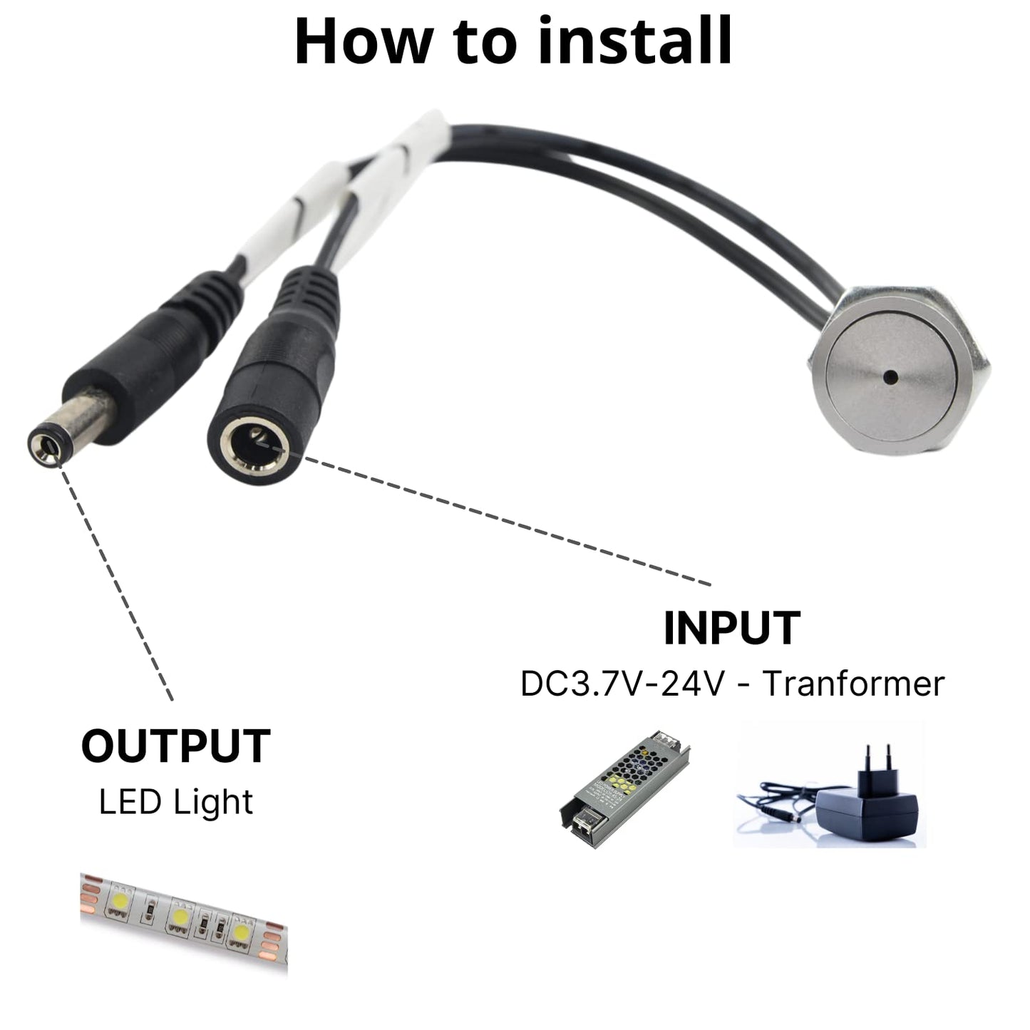 NUOVA GERMANY Interruttore Led Dimmer Touch Da Incasso Colore Acciaio Metallo 5V 12V 24V 3A Con Cavo DC JACK Strip Strisce LED Dimmerabile con indicatore LED Arancione, Massima carica 3A (5 Pezzi)