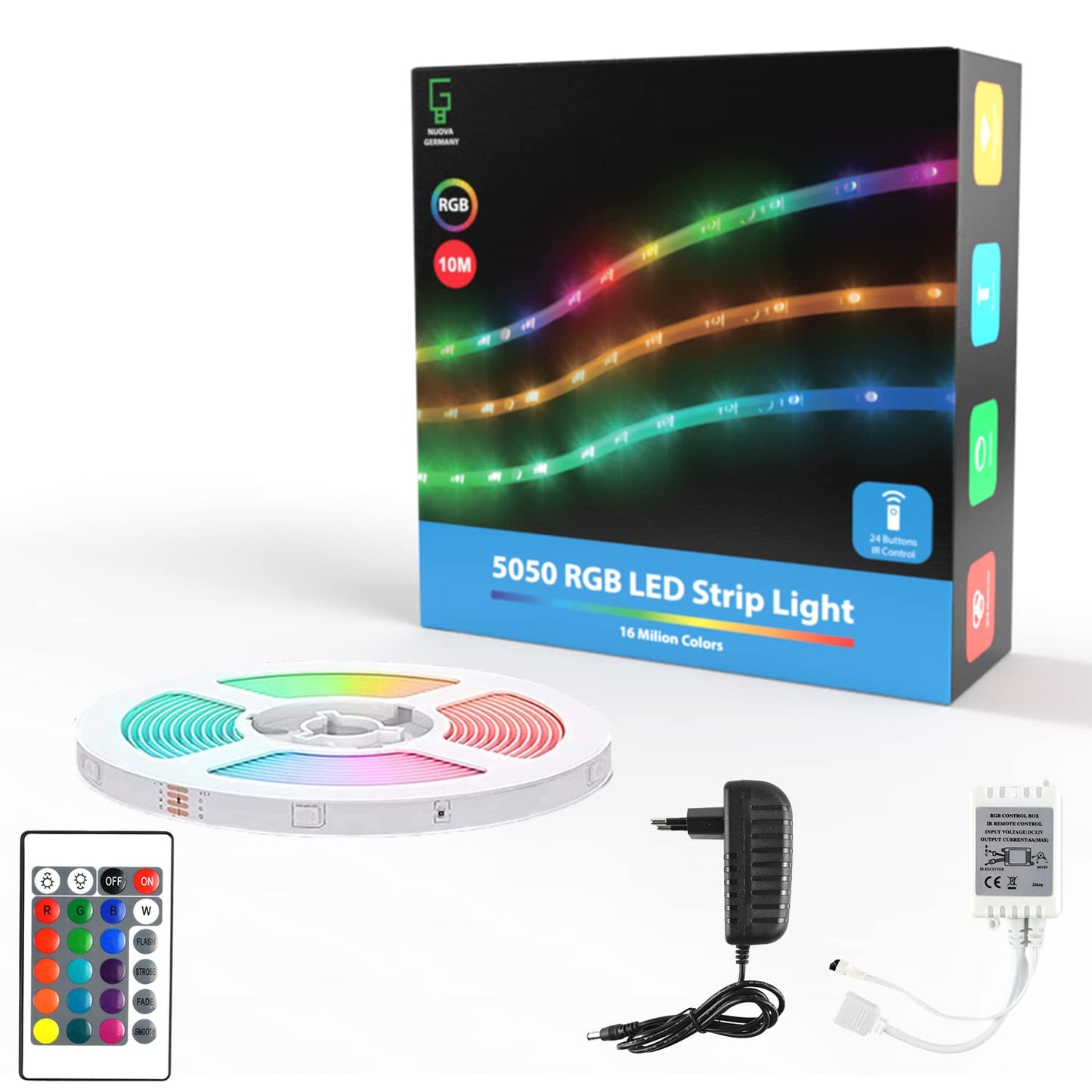 NUOVA GERMANY Striscia LED RGB 10M, Strisce LED con Telecomando con 16 Cambi di Colore, Dimmerabile 4 modalità per la Casa, Camera da Letto,TV,Decorazioni per Mobili,Feste,12V