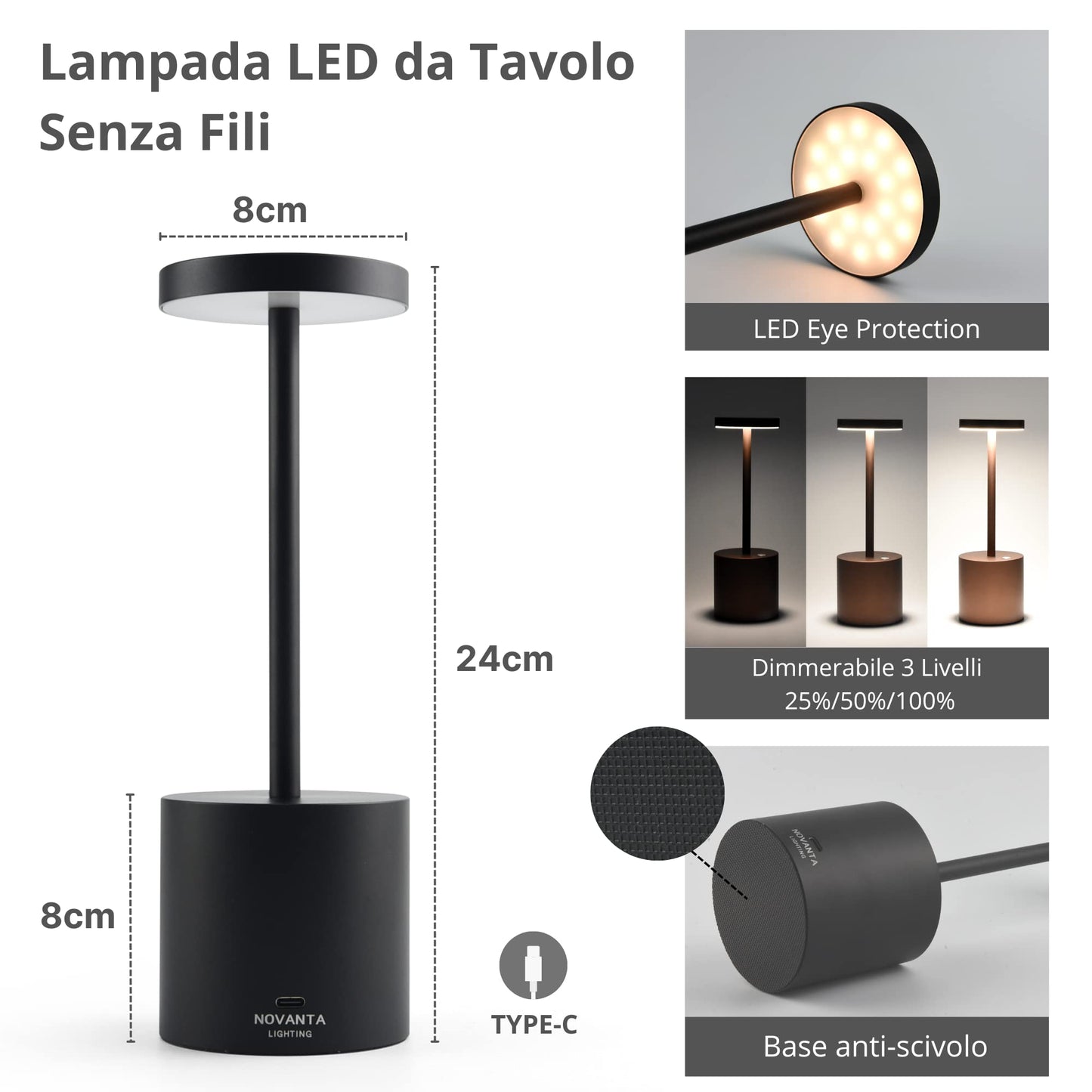 NOVANTA LIGHTING Lampada da Tavolo Ricaricabile Senza Fili in Metallo