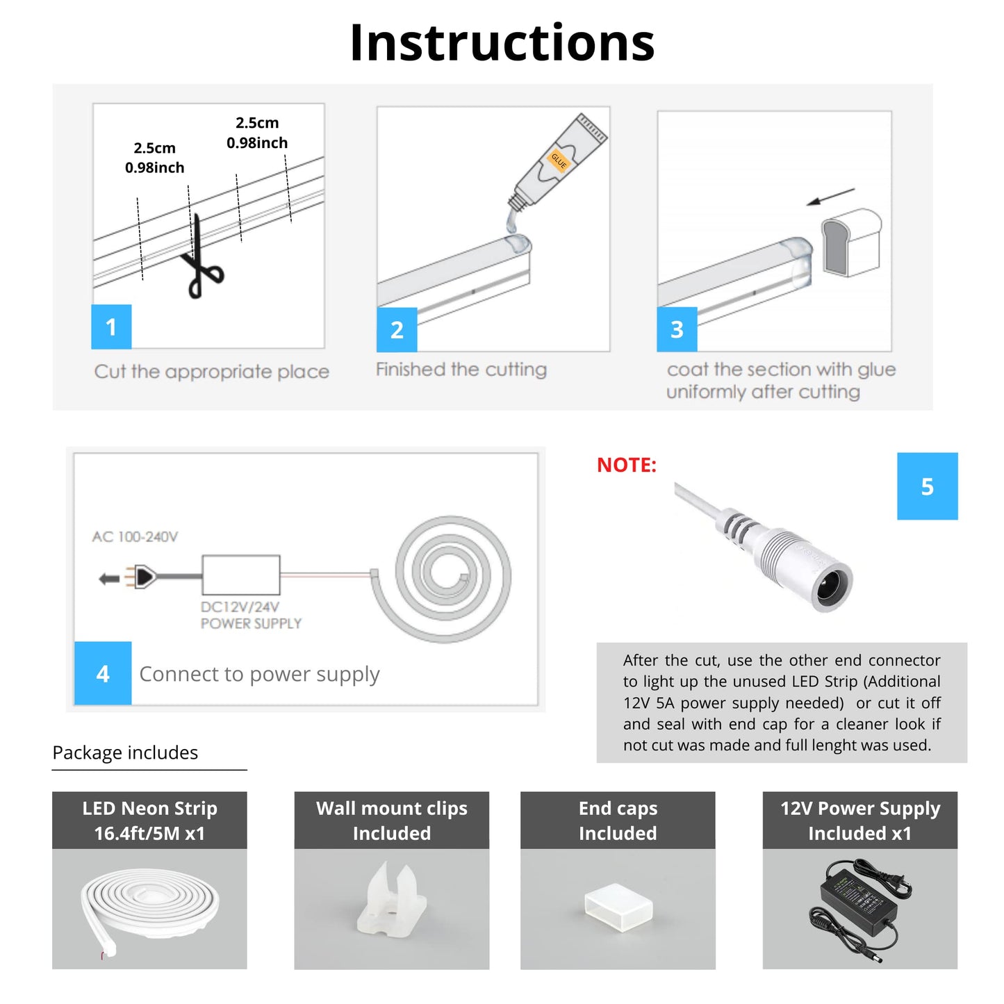 NUOVA GERMANY Neon LED Striscia Nastro Luminoso Flex, 5 Metri 12V Tagliabile Silicone Impermeabile per Interno Esterno Alimentatore incluso