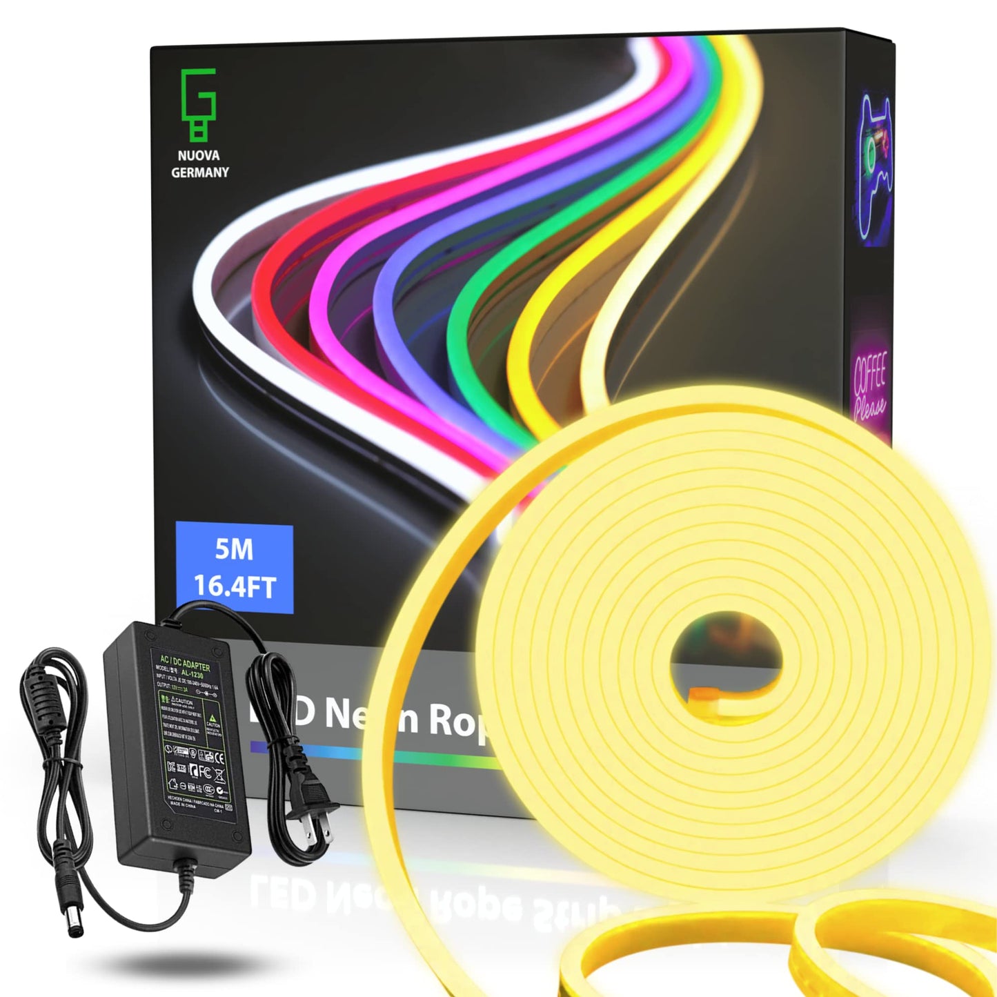 NUOVA GERMANY Neon LED Striscia Nastro Luminoso Flex, 5 Metri 12V Tagliabile Silicone Impermeabile per Interno Esterno Alimentatore incluso