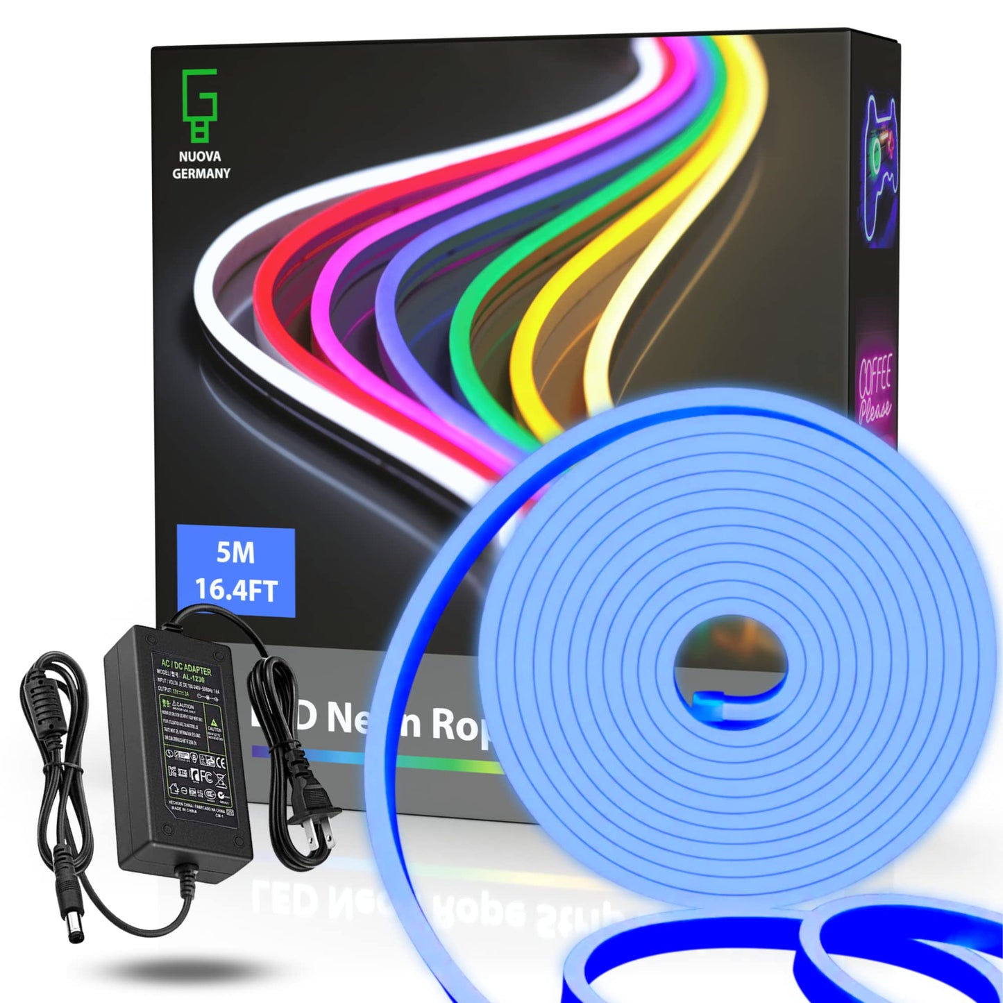 NUOVA GERMANY Neon LED Striscia Nastro Luminoso Flex, 5 Metri 12V Tagliabile Silicone Impermeabile per Interno Esterno Alimentatore incluso