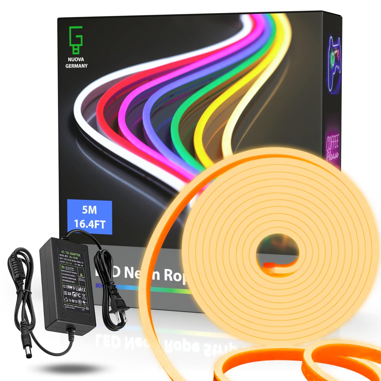 NUOVA GERMANY Neon LED Striscia Nastro Luminoso Flex, 5 Metri 12V Tagliabile Silicone Impermeabile per Interno Esterno Alimentatore incluso