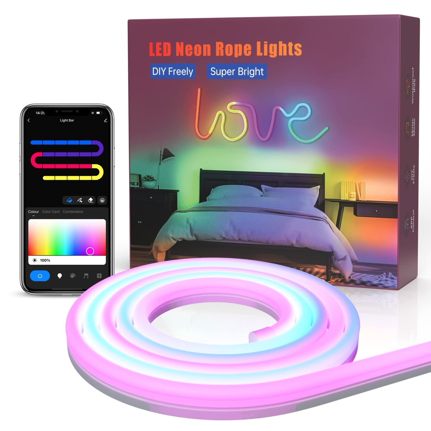 NUOVA GERMANY Luci Neon, RGB-IC with Music Sync, Funziona con Alexa, Google Assistant, Luci gaming, 3 Metri Strisce LED per Camera da letto Soggiorno Decorazioni, Presa EU (Non Supporta 5G WiFi)