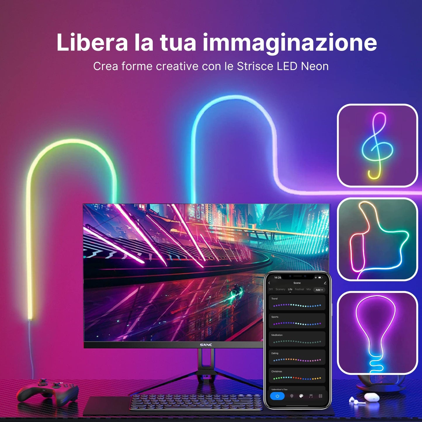 NUOVA GERMANY Luci Neon, RGB-IC with Music Sync, Funziona con Alexa, Google Assistant, Luci gaming, 3 Metri Strisce LED per Camera da letto Soggiorno Decorazioni, Presa EU (Non Supporta 5G WiFi)