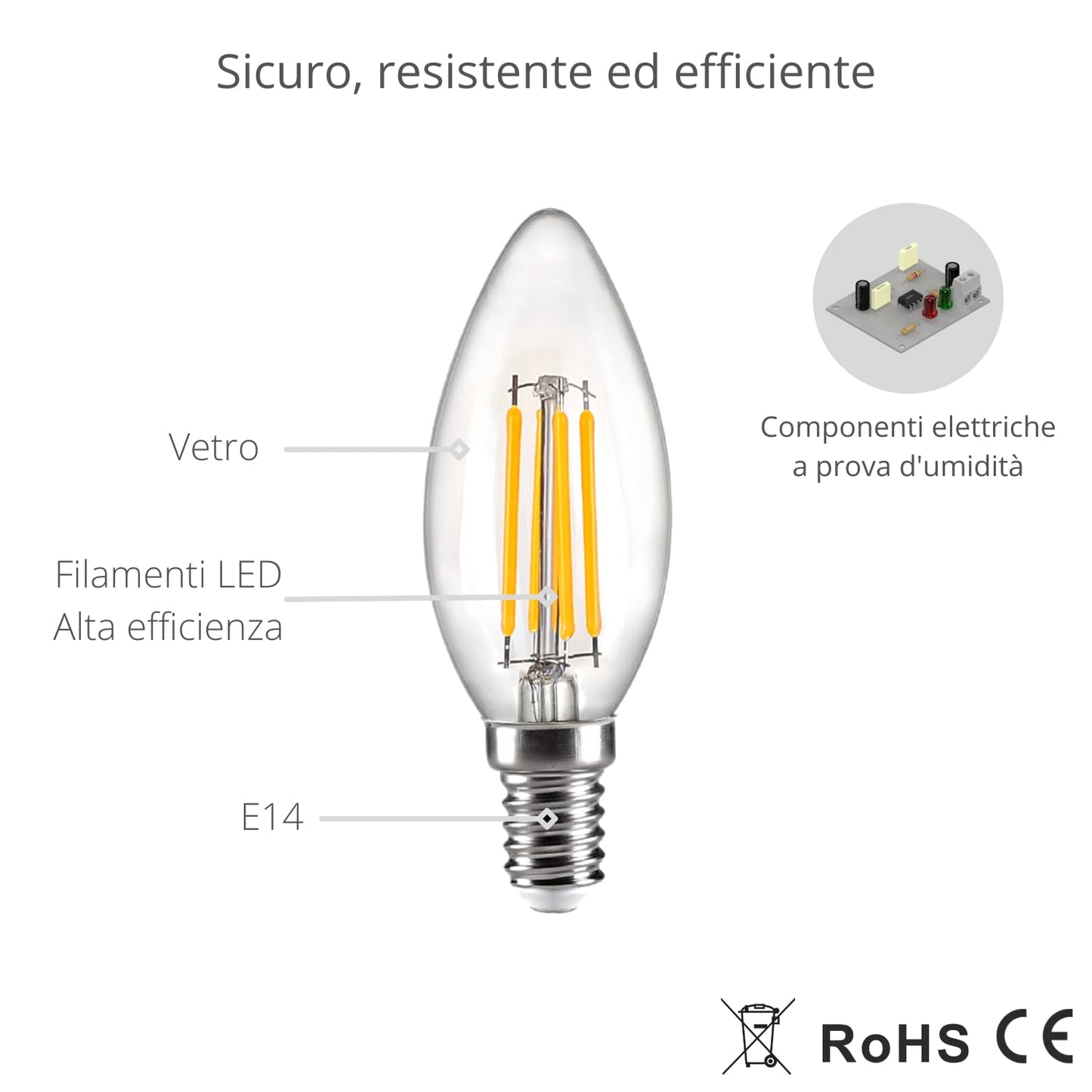 NUOVA GERMANY Filamento LED E14, 4W Equivalenti a 40W, 400Lm, 3000K Luce Calda, Oliva C35 Stile Vintage, Non Dimmerabile, Confezione da 10 Pezzi