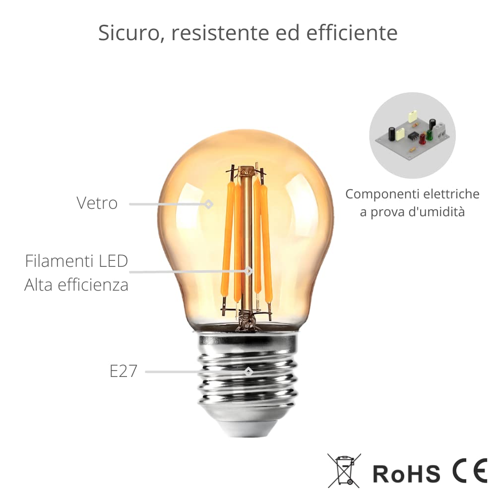 NUOVA GERMANY Filamento LED E27, 4W Equivalenti a 40W, 400Lm, 2300K Luce Calda,G45 Stile Vintage, Non Dimmerabile, Confezione da 10 Pezzi
