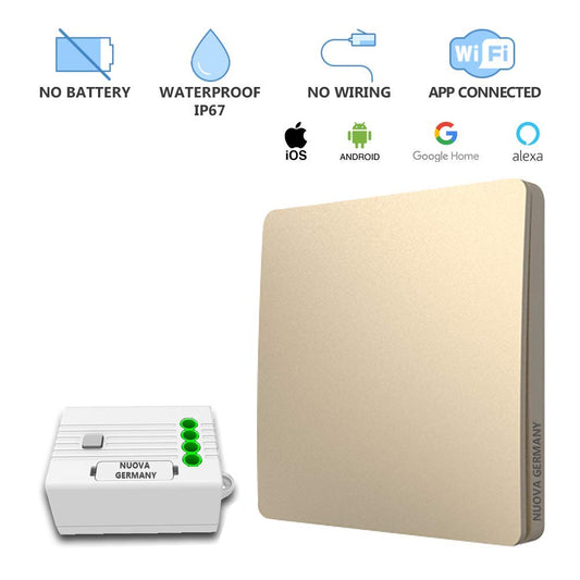 Nuova Germany Interruttore Luce On/Off Wireless Energia Cinetica Senza Batteria, Senza Fili + Ricevitore a relè 10A WiFi, APP (Oro)