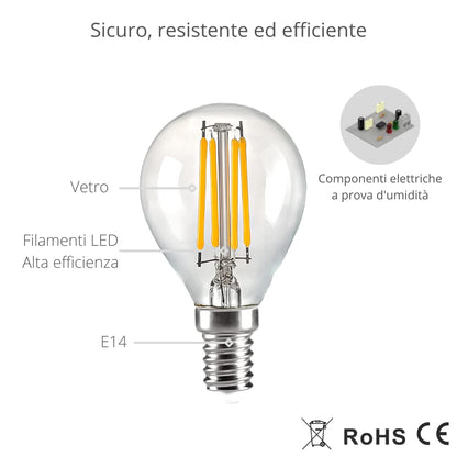 NUOVA GERMANY Filamento LED E14, 4W Equivalenti a 40W, 400Lm, 3000K Luce Calda, Mini Globo G45 Stile Vintage, Non Dimmerabile, Confezione da 10 Pezzi