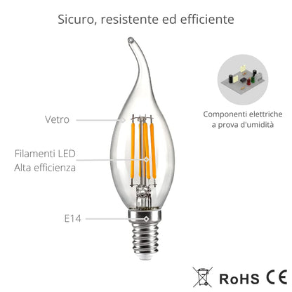 NUOVA GERMANY Filamento LED E14, 4W Equivalenti a 40W, 400Lm, 3000K Luce Calda, Forma fiamma Candela C37 Stile Vintage, Non Dimmerabile, Confezione da 10 Pezzi