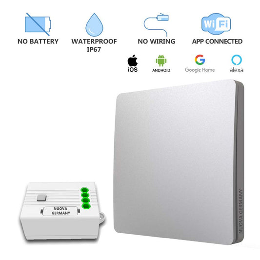 Nuova Germany Interruttore Luce On/Off Wireless Energia Cinetica Senza Batteria, Senza Fili + Ricevitore a relè 10A WiFi, APP (Argento)