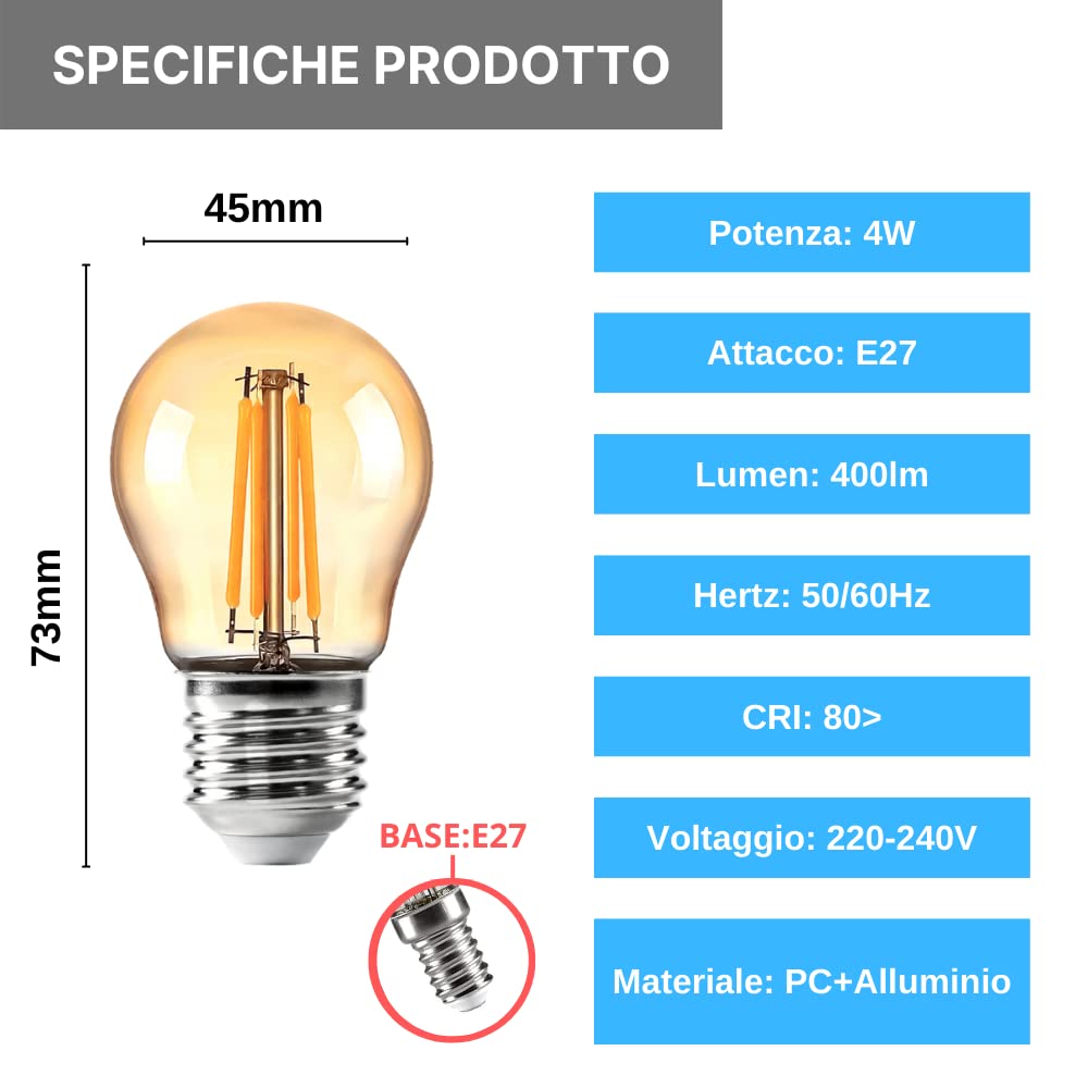 NUOVA GERMANY Filamento LED E27, 4W Equivalenti a 40W, 400Lm, 2300K Luce Calda,G45 Stile Vintage, Non Dimmerabile, Confezione da 10 Pezzi
