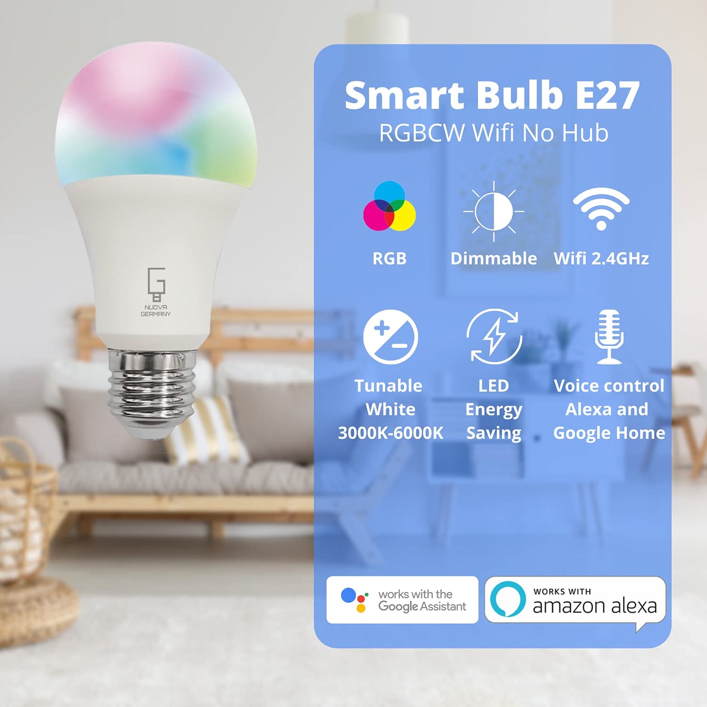 NUOVA GERMANY Lampadine Alexa E27 Wifi Lampadina LED Alexa,2700K-6500K, RGB+Bianco 9W Wifi 2.4Ghz Regolabile Dimmerabile Multicolore Controllo di gruppo Compatibile Google Home, 2 Pezzi