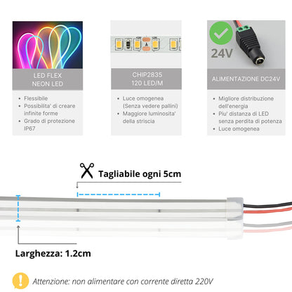 NUOVA GERMANY Striscia Neon LED Silicone Impermeabile IP67 10W/M Alta luminosà per decorazione interna ed esterna Cartello, Insegna, Giardino, Studio, Stanza gaming DC24V
