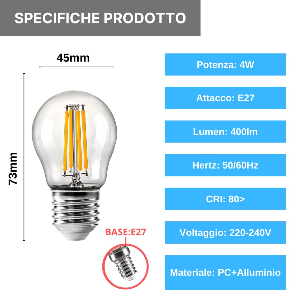 NUOVA GERMANY Filamento LED E27, 4W Equivalenti a 40W, 400Lm, 2300K Luce Calda,G45 Stile Vintage, Non Dimmerabile, Confezione da 10 Pezzi