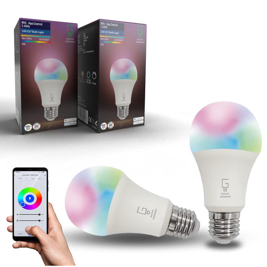 NUOVA GERMANY Lampadine Alexa E27 Wifi Lampadina LED Alexa,2700K-6500K, RGB+Bianco 9W Wifi 2.4Ghz Regolabile Dimmerabile Multicolore Controllo di gruppo Compatibile Google Home, 2 Pezzi
