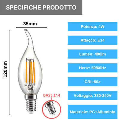 NUOVA GERMANY Filamento LED E14, 4W Equivalenti a 40W, 400Lm, 3000K Luce Calda, Forma fiamma Candela C37 Stile Vintage, Non Dimmerabile, Confezione da 10 Pezzi
