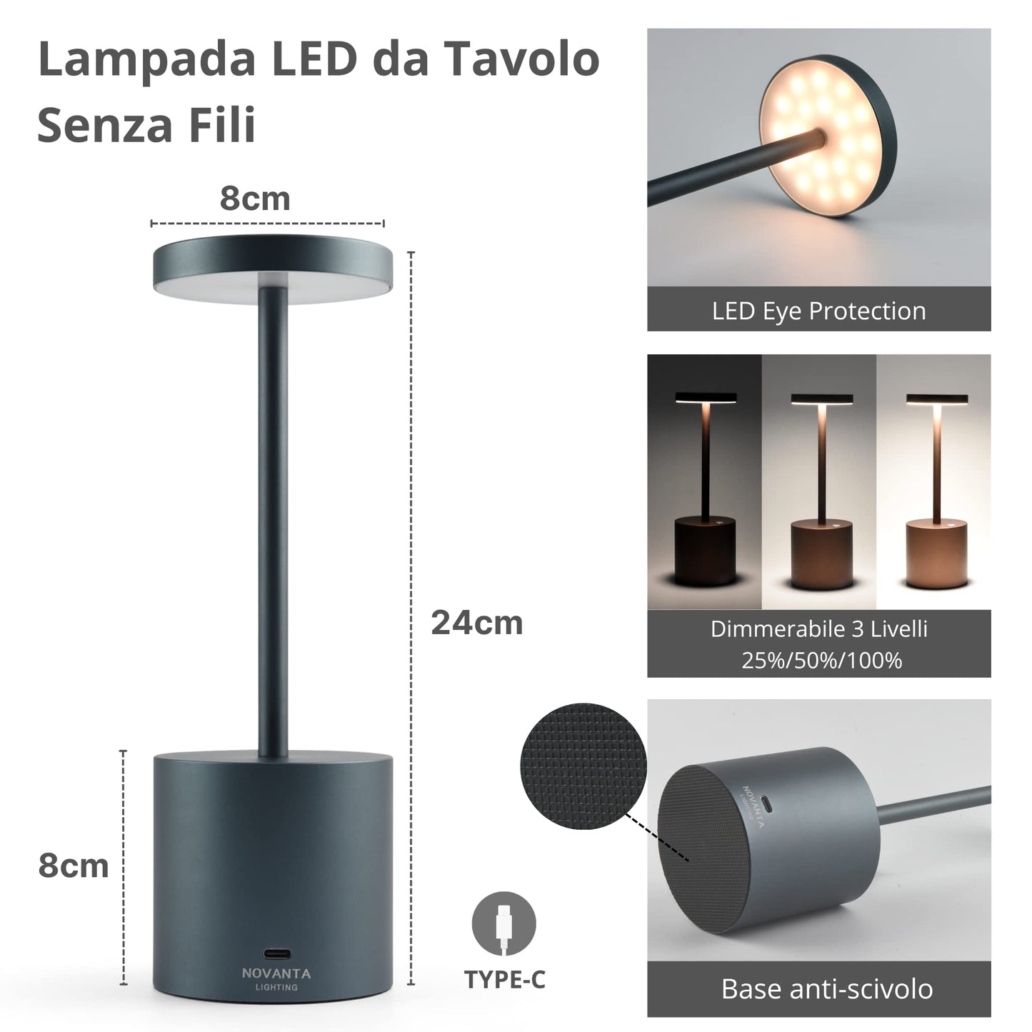 NOVANTA LIGHTING Lampada da Tavolo Ricaricabile Senza Fili in Metallo