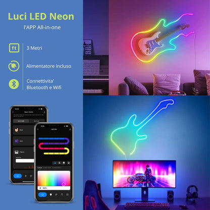 NUOVA GERMANY Luci Neon, RGB-IC with Music Sync, Funziona con Alexa, Google Assistant, Luci gaming, 3 Metri Strisce LED per Camera da letto Soggiorno Decorazioni, Presa EU (Non Supporta 5G WiFi)