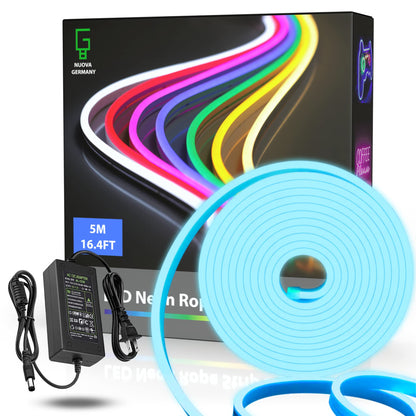 NUOVA GERMANY Neon LED Striscia Nastro Luminoso Flex, 5 Metri 12V Tagliabile Silicone Impermeabile per Interno Esterno Alimentatore incluso
